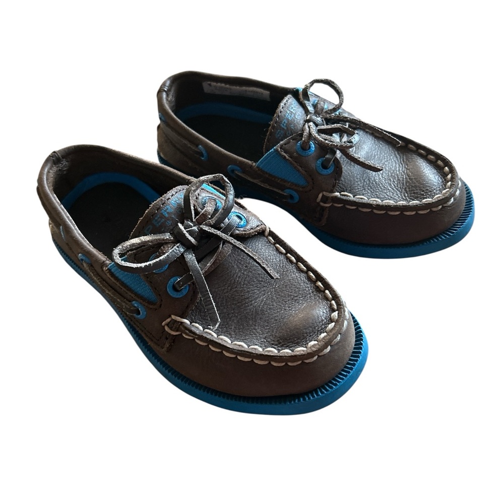 Sperry Brown and Blue Moccasins with Rawhide Lacing